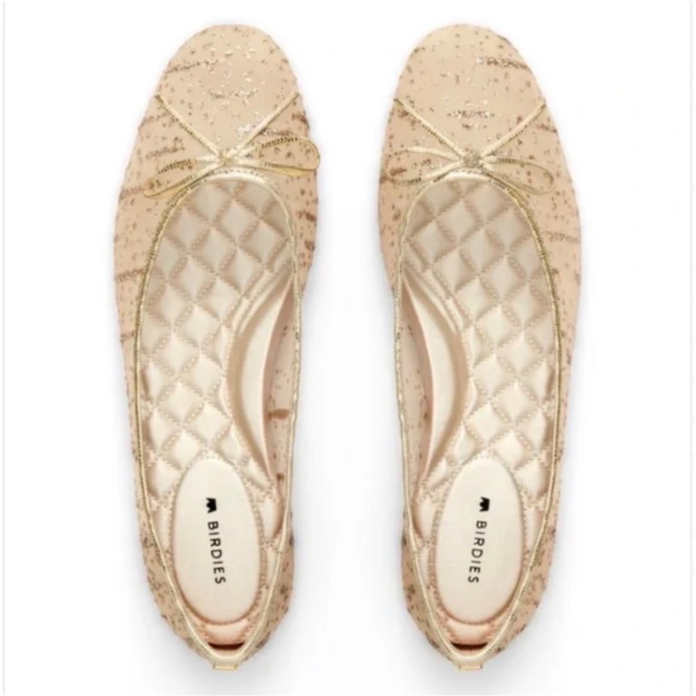 Birdies The‎ Songbird Ballet Flats Champagne Gold Glitter Bow Shoes Womens 11